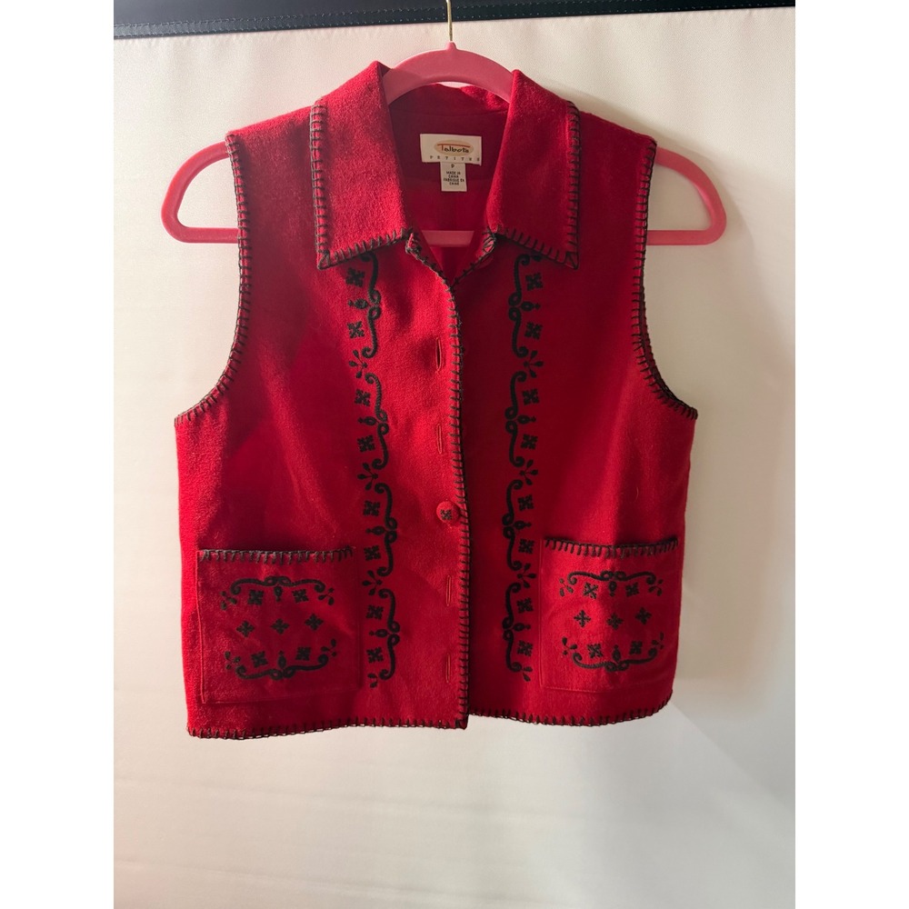 Talbots Petites Red Wool Blend Embroidered Blanket Stitch Vest Womens P Small - Picture 2 of 6